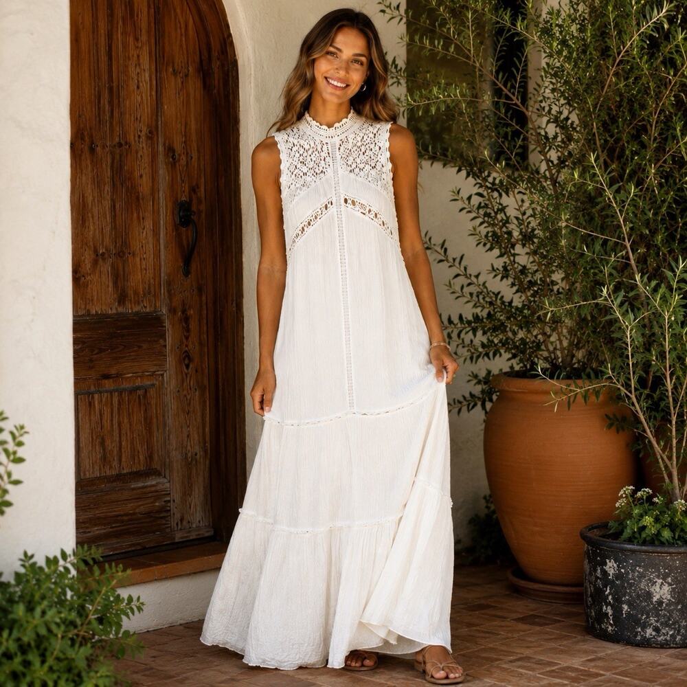 FATE Boho Crochet Lace Maxi Dress Medium Ivory Sleeveless Cottagecore Festival